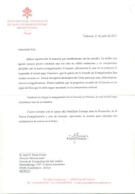Mons. Rino Fisichella levele az iskolához